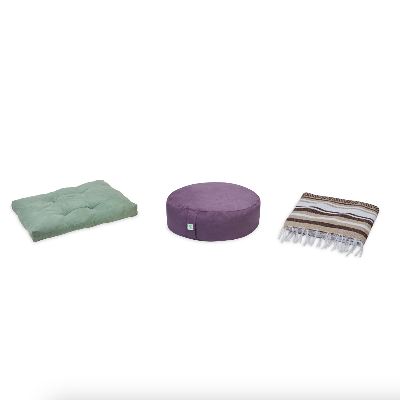 Meditation Bundle - Zabuton (Sage), Zafu (Purple), Blanket (Tan/Brown)